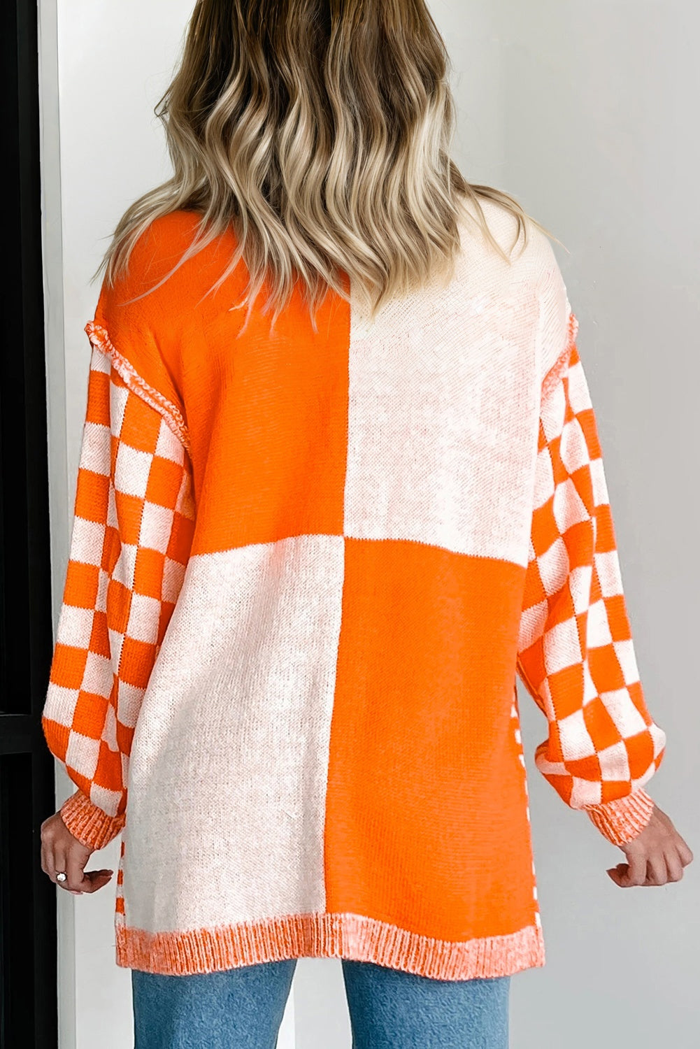 Plus Size Checker Drop Shoulder Open Front Cardigan