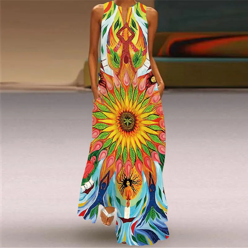 Summer Vintage Print Maxi Dress with V-Neck