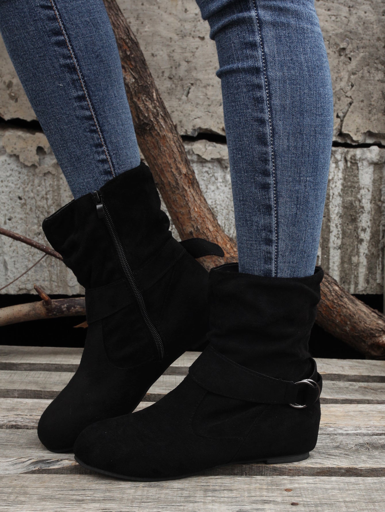 Ankle Boots Round Toe Buckle Belt Side Zipper Boots