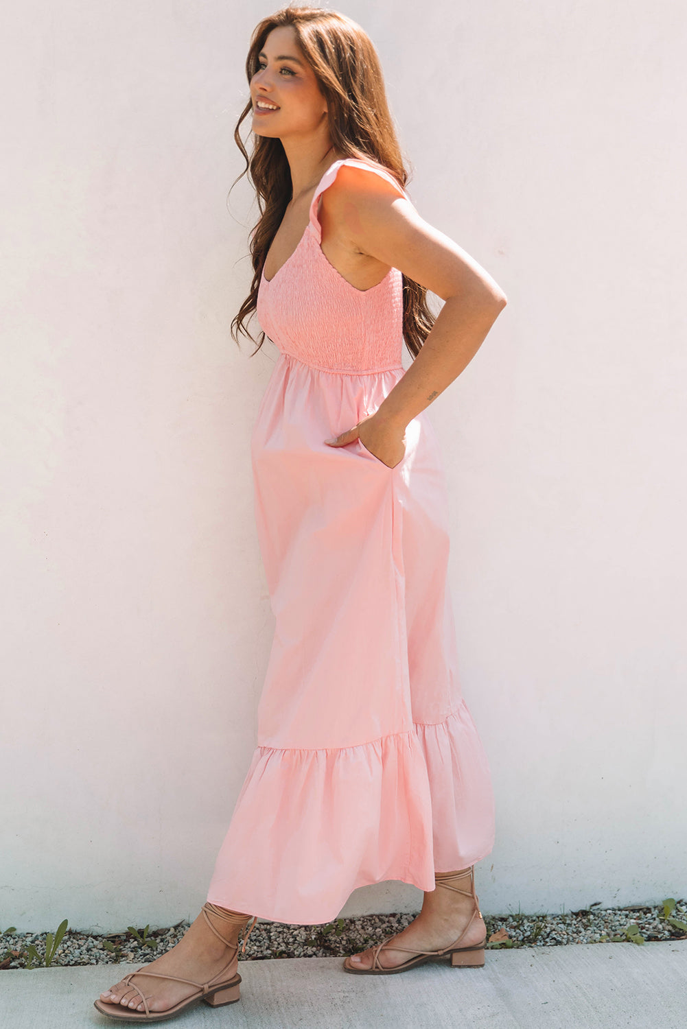 Solid V-Neck Flutter Sleeve Ruffle Maxi Dress