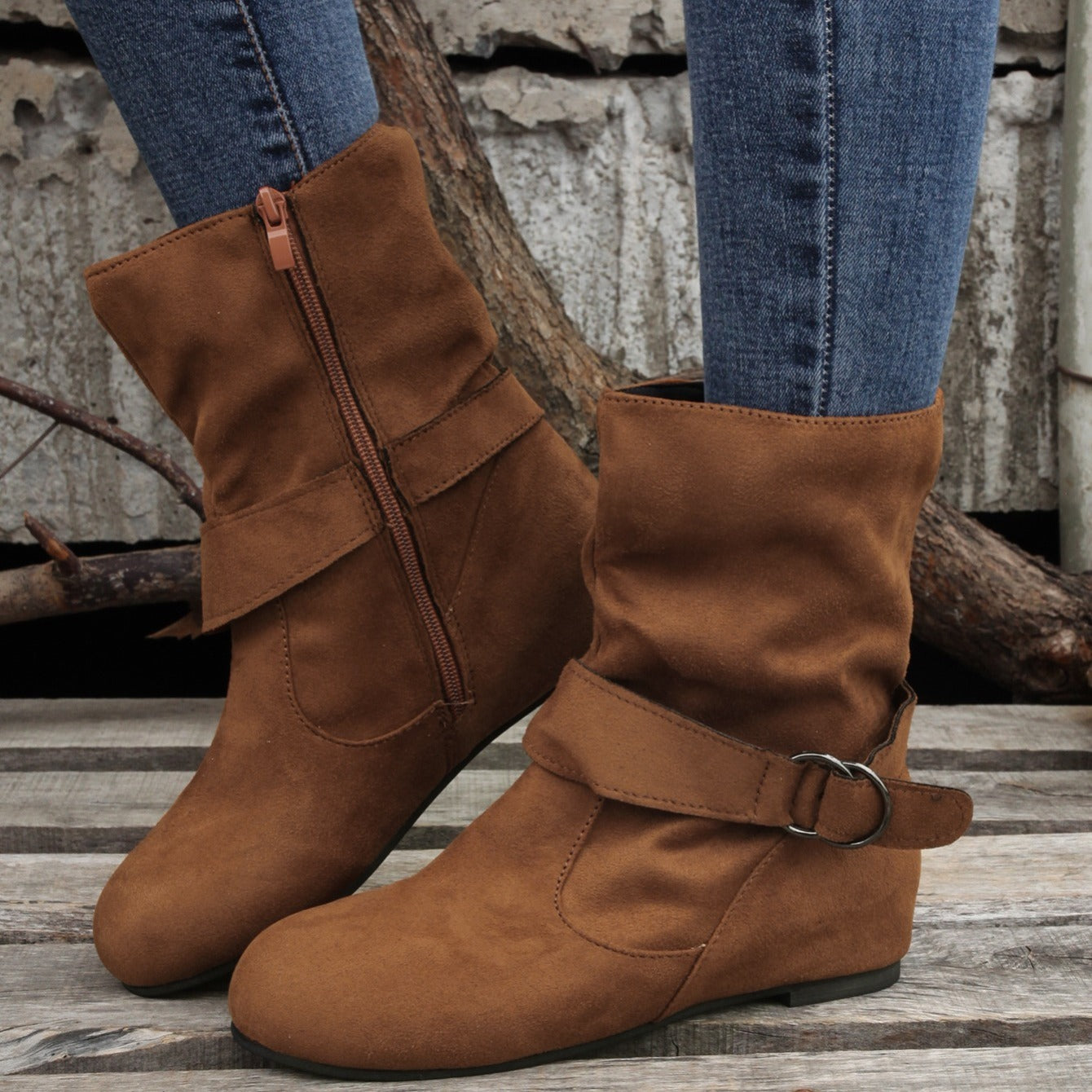 Ankle Boots Round Toe Buckle Belt Side Zipper Boots