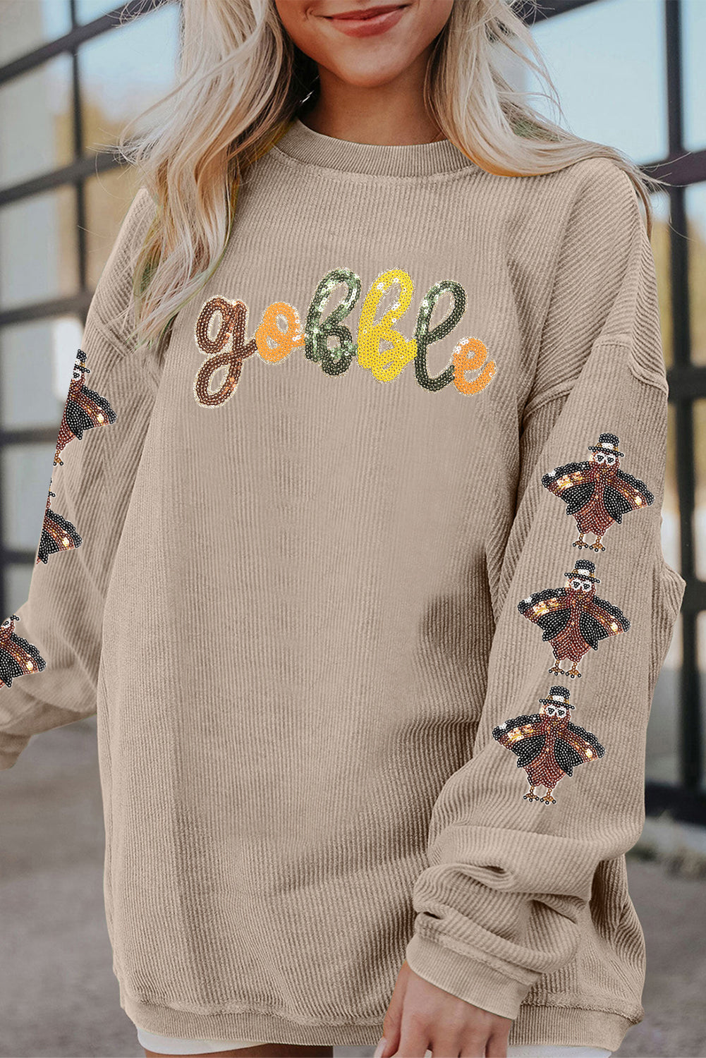 Smoke Gray Corded Ribbed Thanksgiving Turkey Sequin Patched Sleeve gobble Baggy Sweatshirt