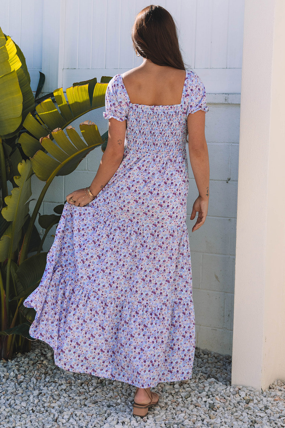 Floral Bubble Sleeve Shirred High Waist Maxi Dress