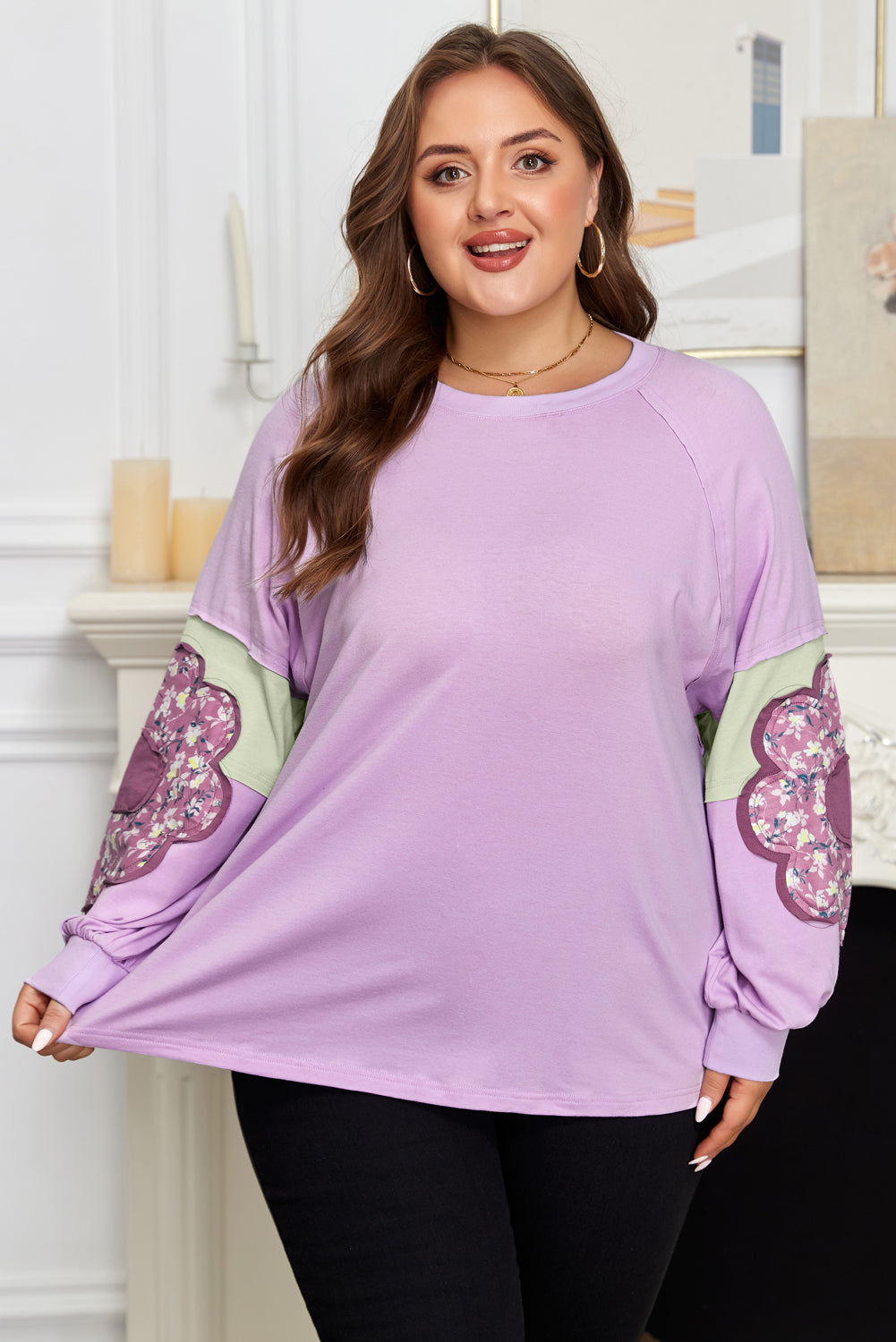 Plus Size Floral Patch Colorblock Long Sleeve Top