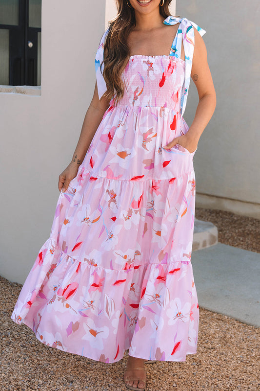 Floral Knotted Shoulder Smocked Maxi Dress