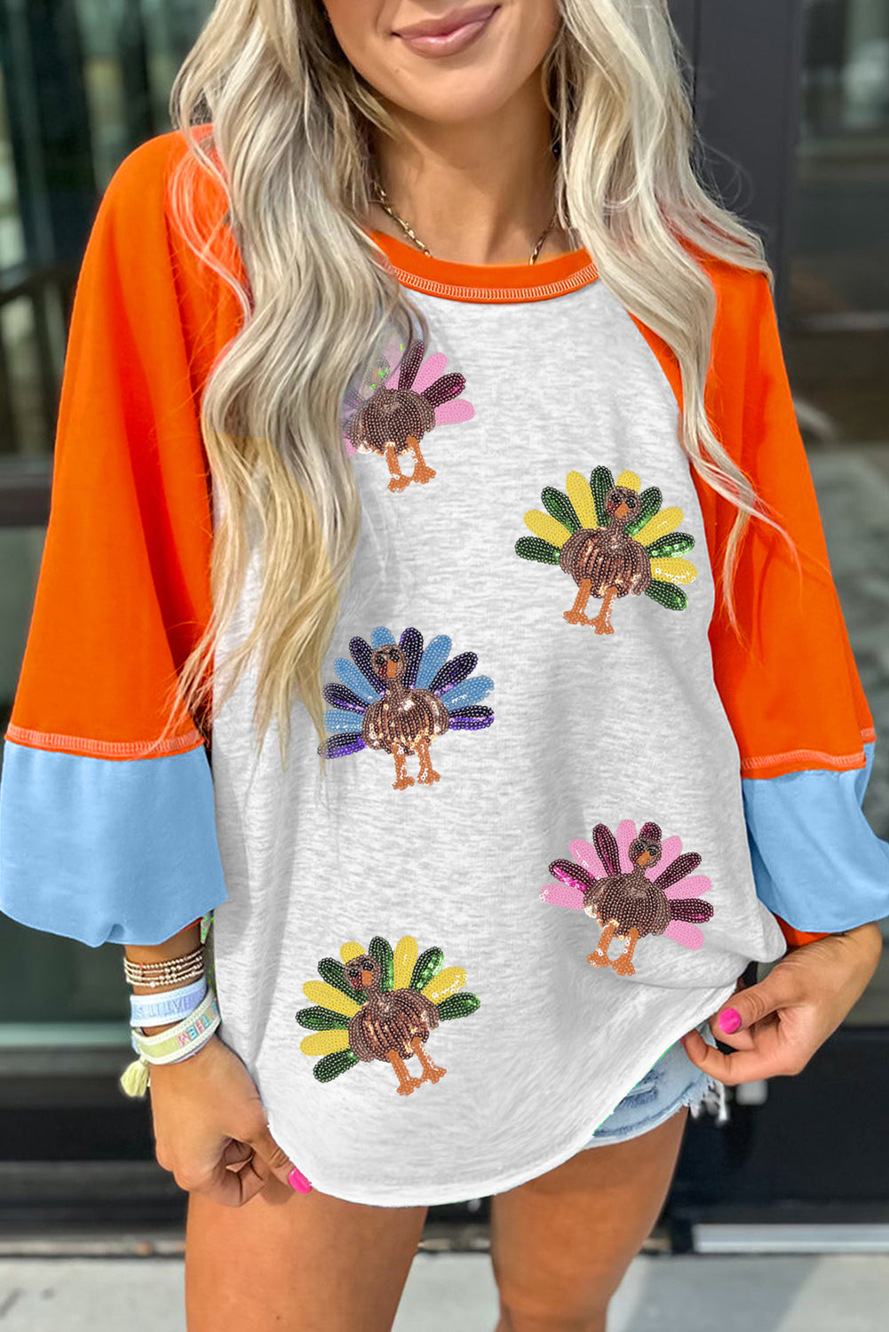 Light Grey Thanksgiving Turkey Sequin Graphic Color Block Long Raglan Sleeve Top