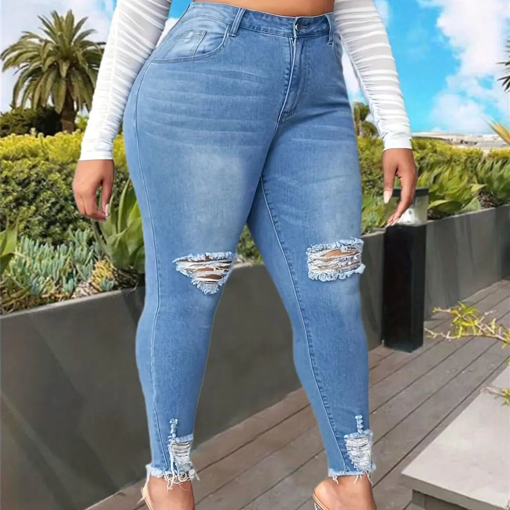 Plus Size Women's Fashion Ripped Jeans