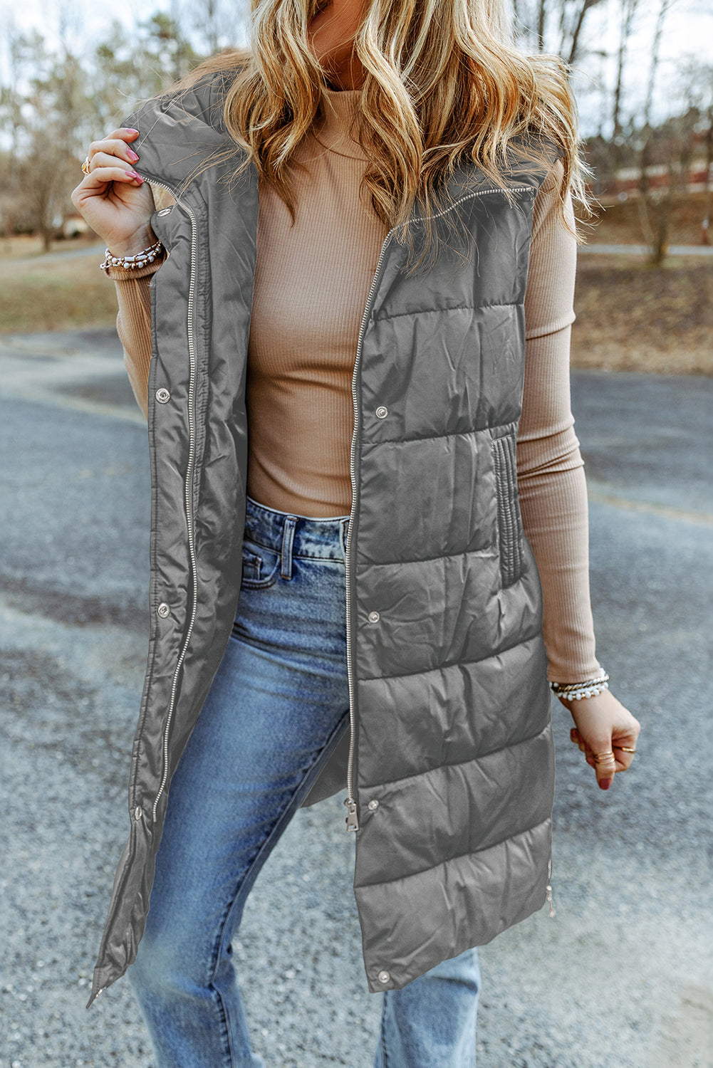 Solid Quilted Long Hooded Vest Coat
