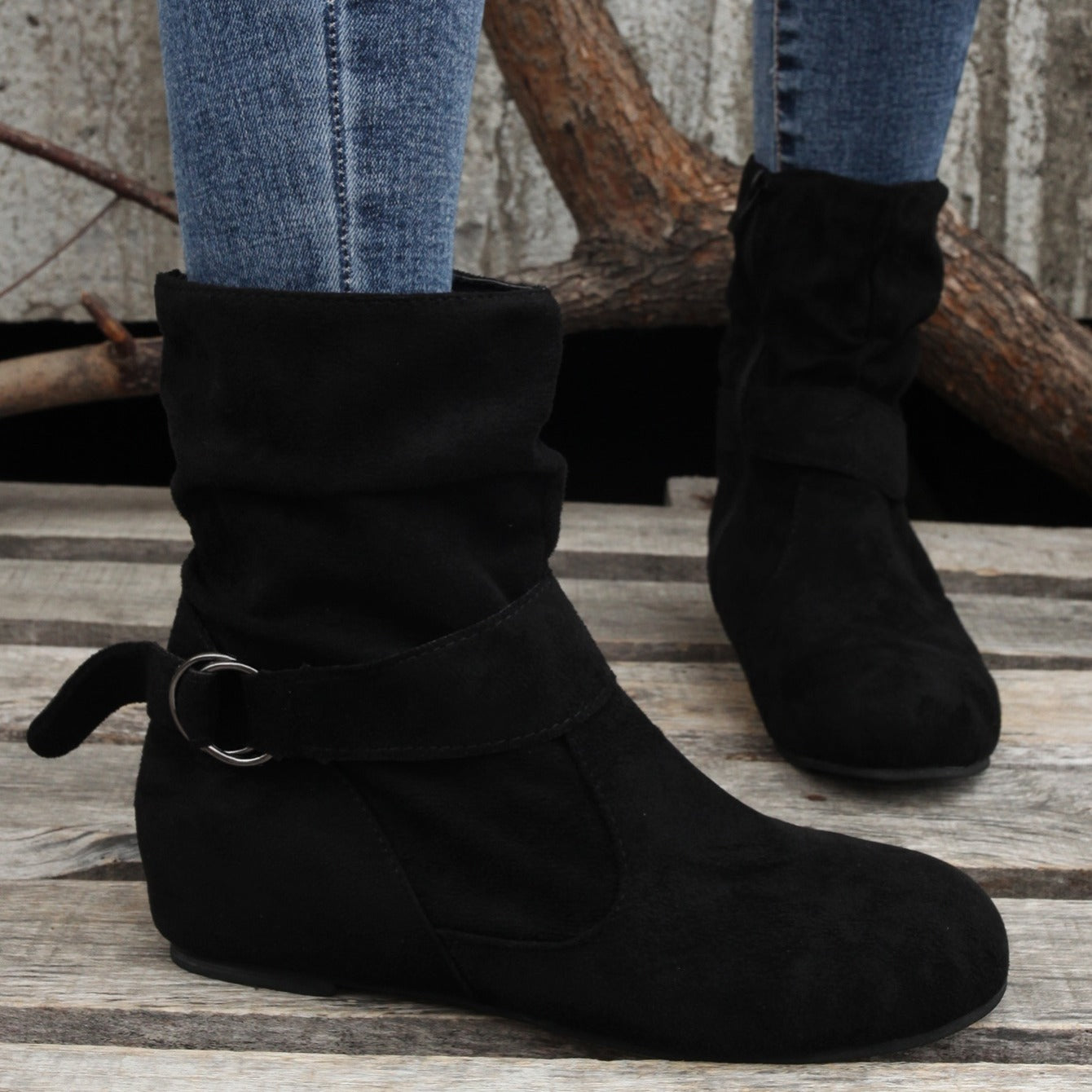 Ankle Boots Round Toe Buckle Belt Side Zipper Boots