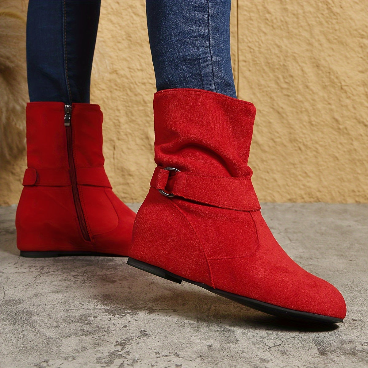 Ankle Boots Round Toe Buckle Belt Side Zipper Boots