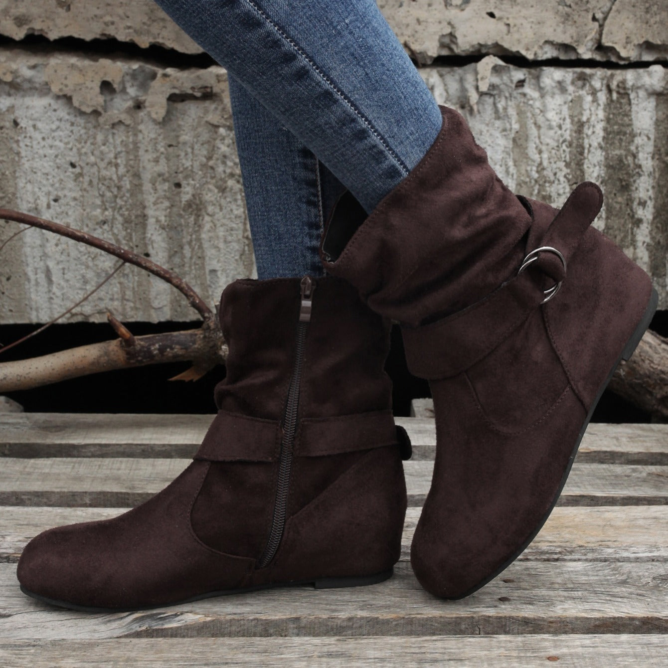 Ankle Boots Round Toe Buckle Belt Side Zipper Boots