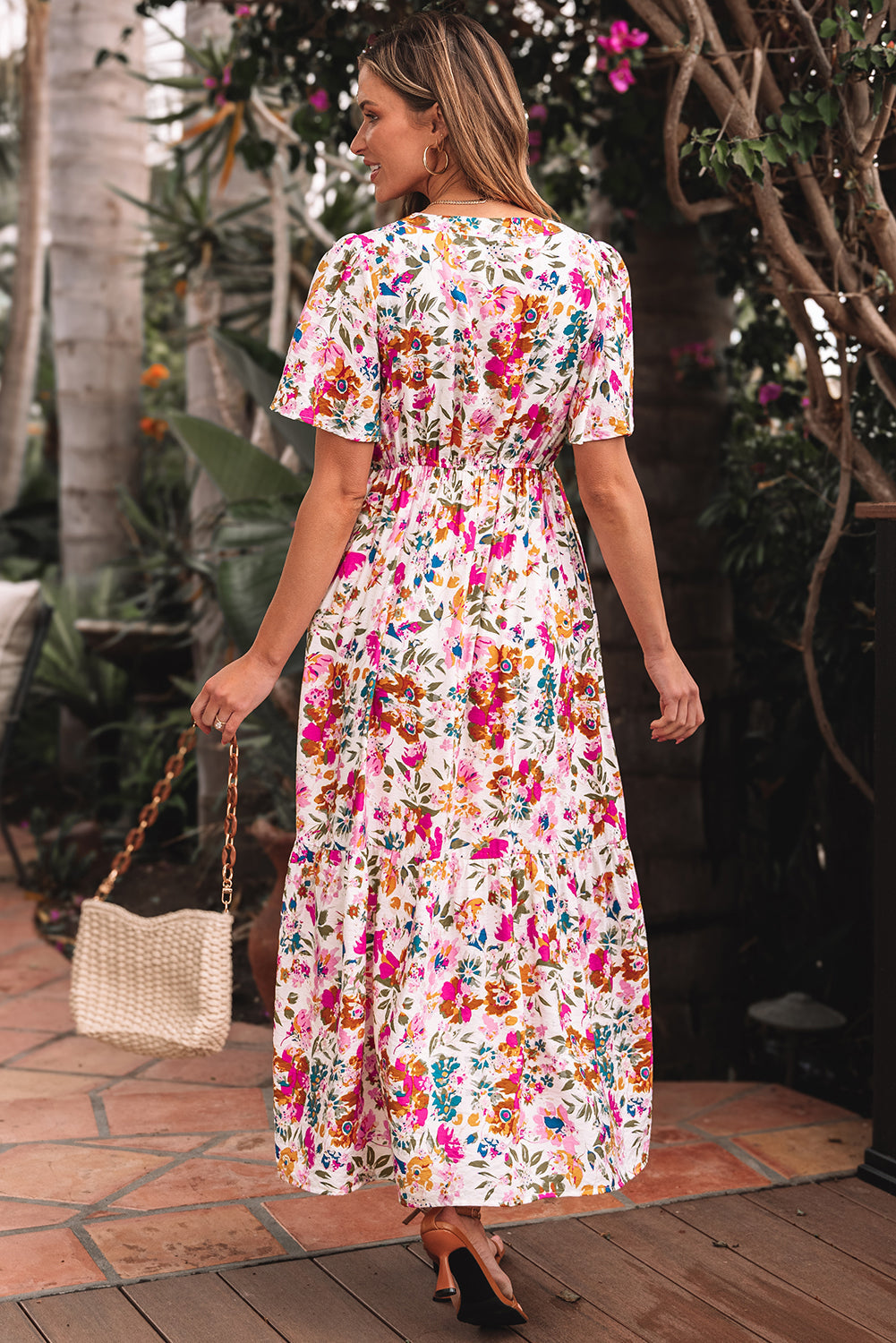 Floral V-Neck Short Sleeve Maxi Dress