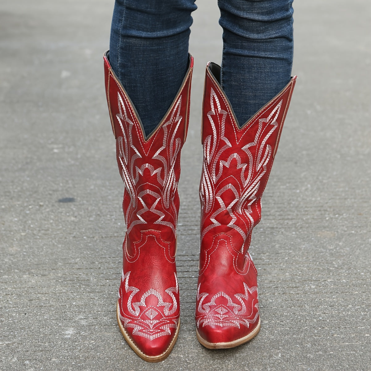 Mid Calf Women's V-cut Embroidery Western Cowgirl Boots