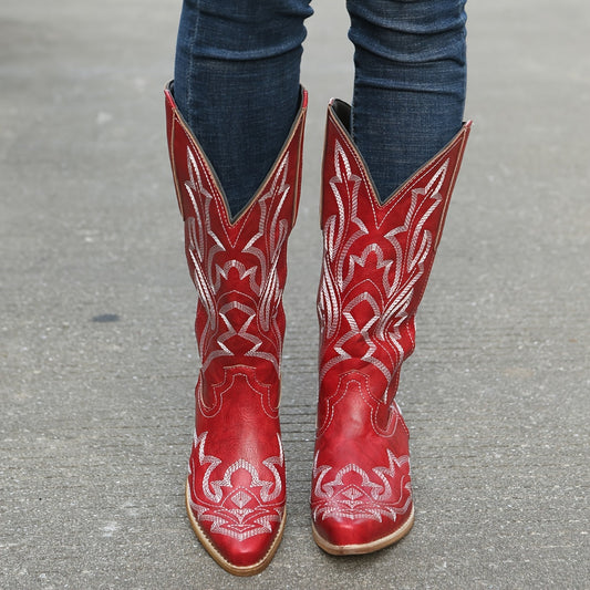 Mid Calf Women's V-cut Embroidery Western Cowgirl Boots