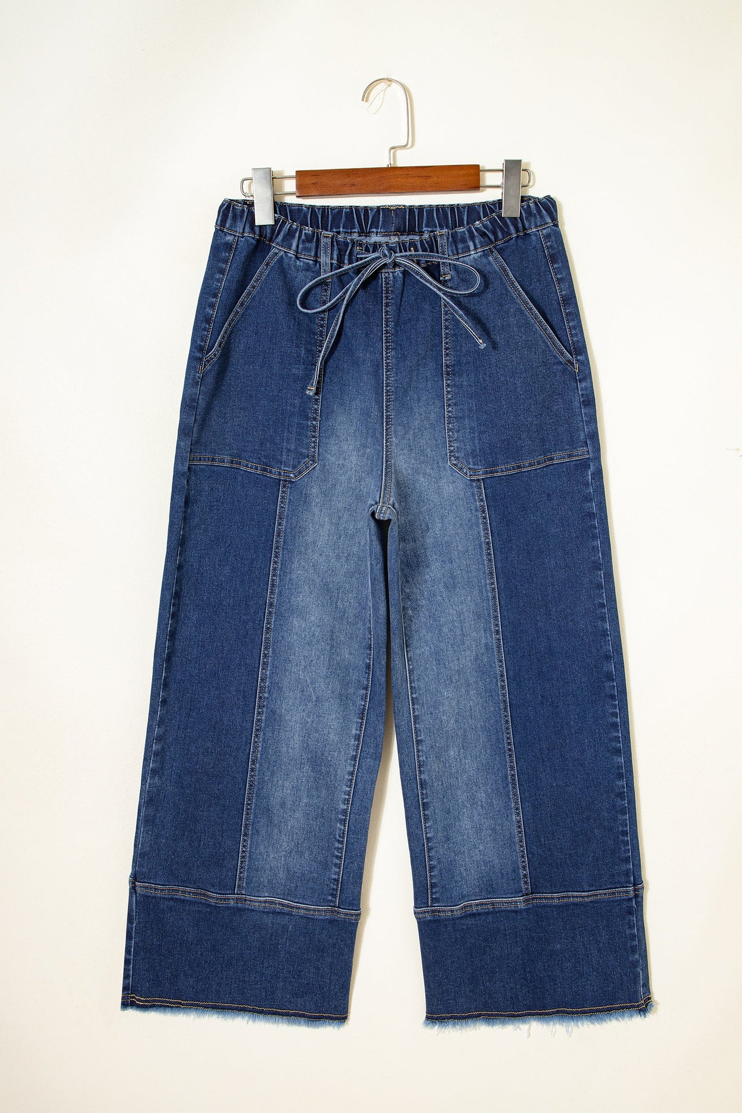 Denim Raw Hem Drawstring Wide Leg Pants
