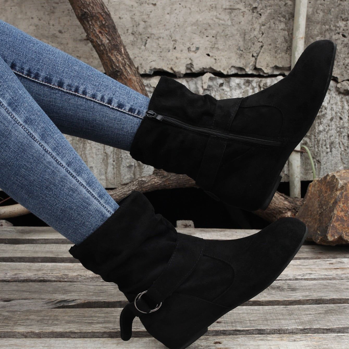 Ankle Boots Round Toe Buckle Belt Side Zipper Boots