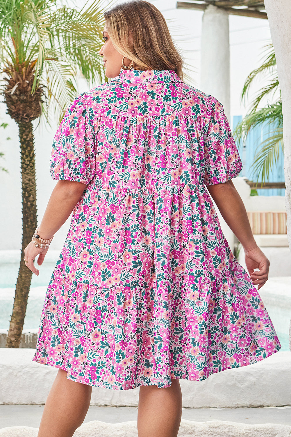 Plus Size Floral Half-Button Puff Sleeve Dress