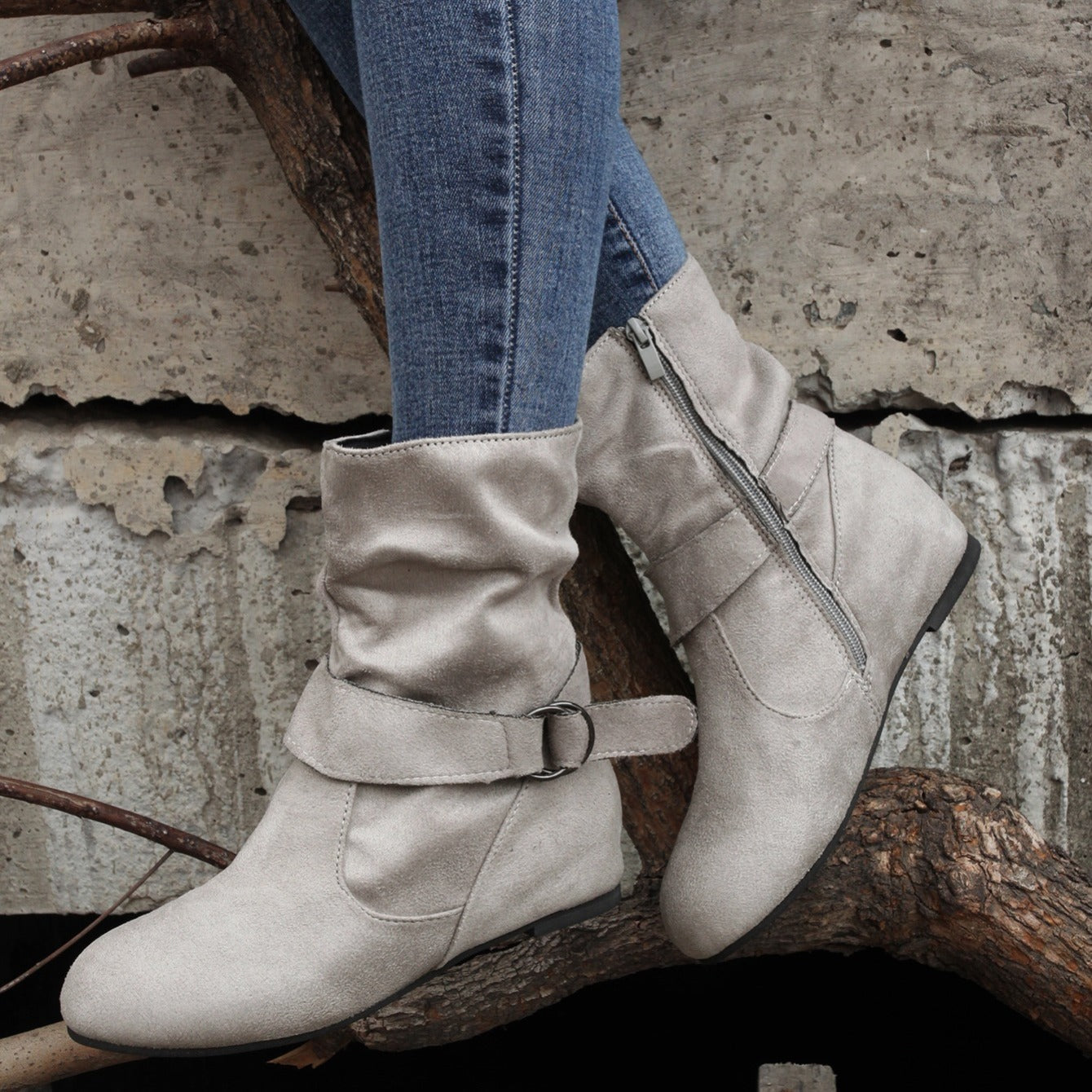 Ankle Boots Round Toe Buckle Belt Side Zipper Boots