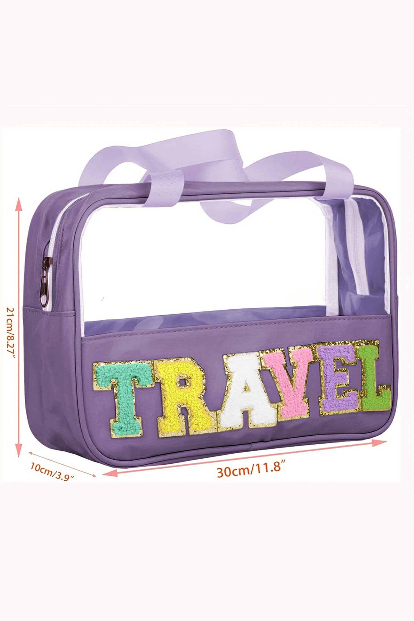 Purple TRAVEL Chenille Letter Clear PVC Makeup Bag