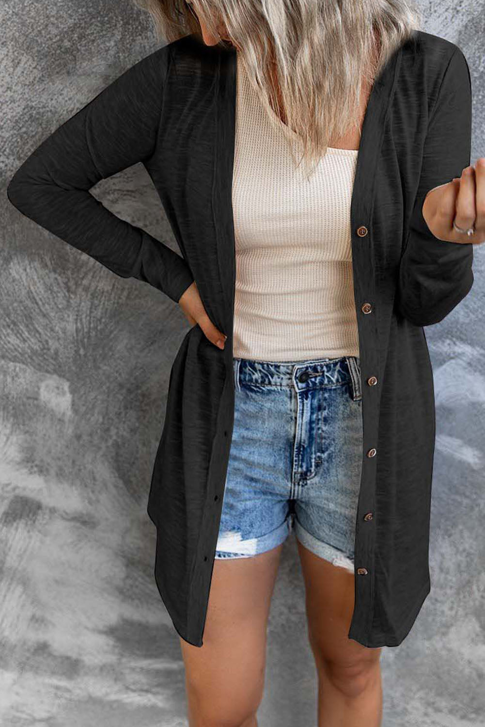 Solid Open-Front Buttoned Cardigan