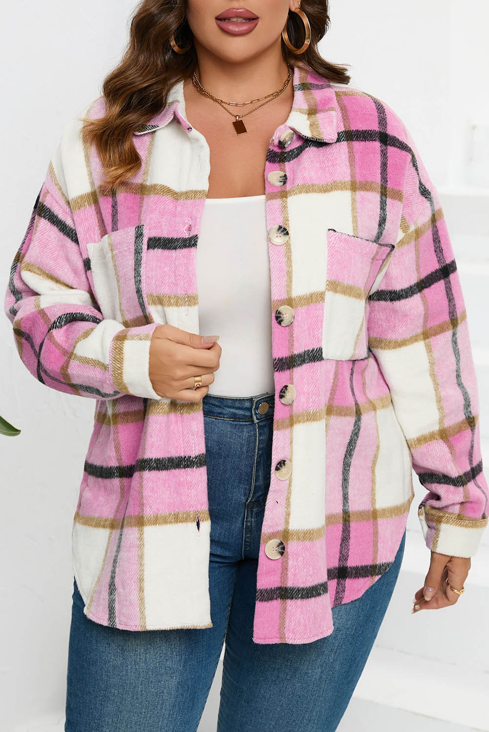 Plaid Button-Up Long Sleeve Pocketed Shacket