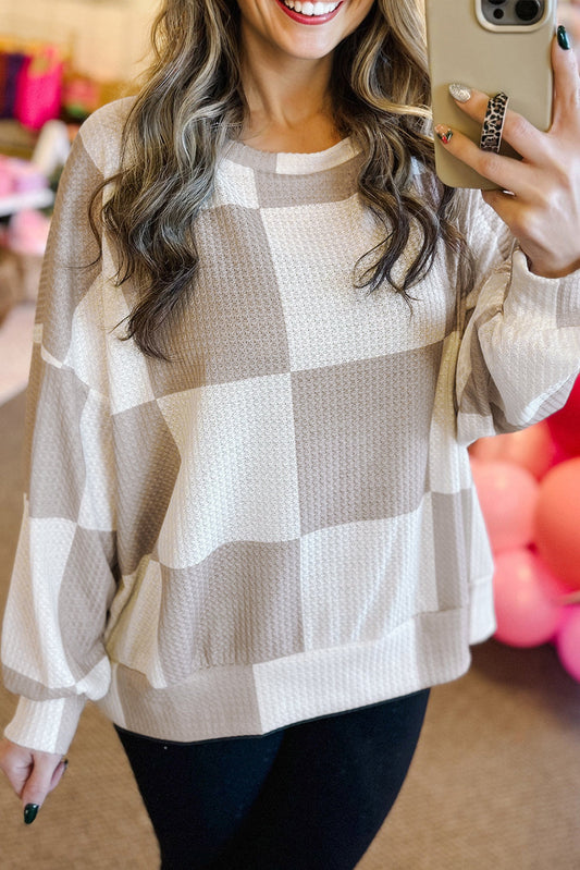 Checker Textured Knit Long Sleeve Top