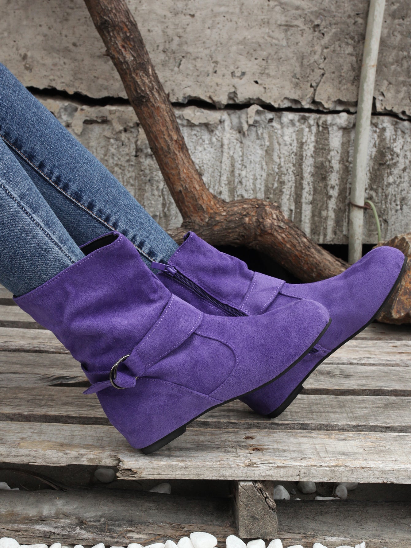 Ankle Boots Round Toe Buckle Belt Side Zipper Boots