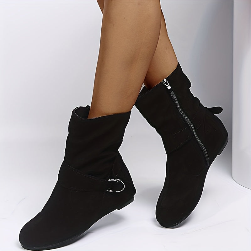 Ankle Boots Round Toe Buckle Belt Side Zipper Boots