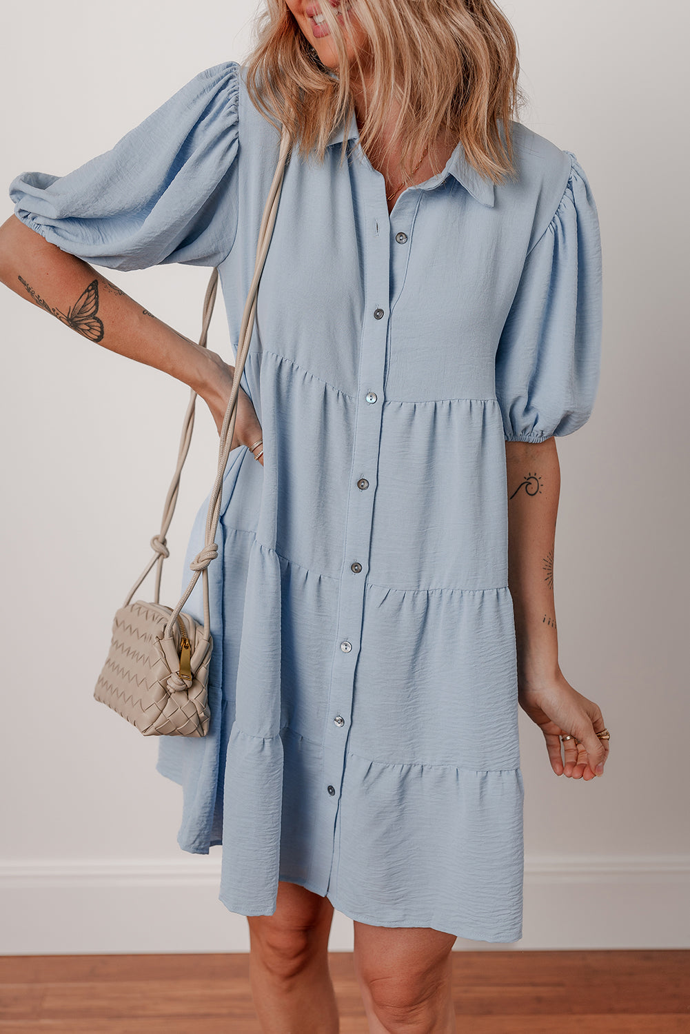 Solid Button-Up Collared Tiered Dress