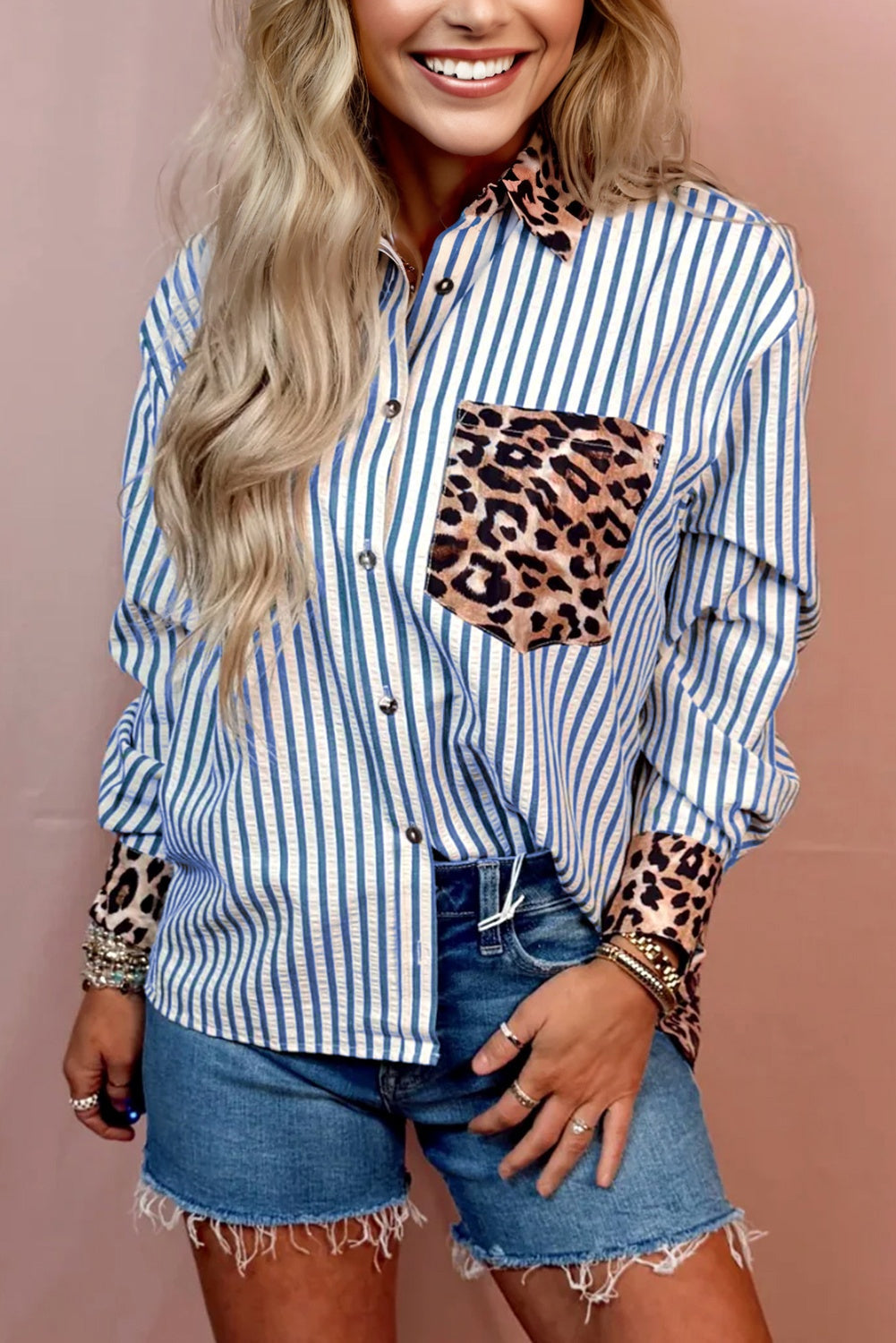 Stripe Leopard Patchwork Button-Up Shirt