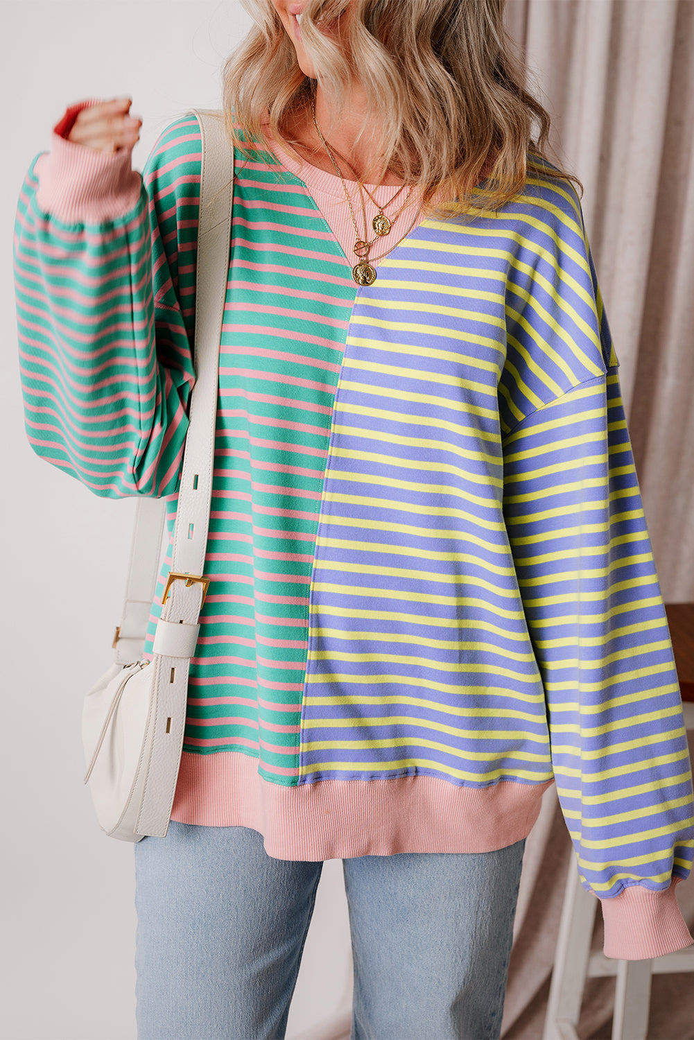 Stripe Colorblock Drop Shoulder Oversized Sweatshirt