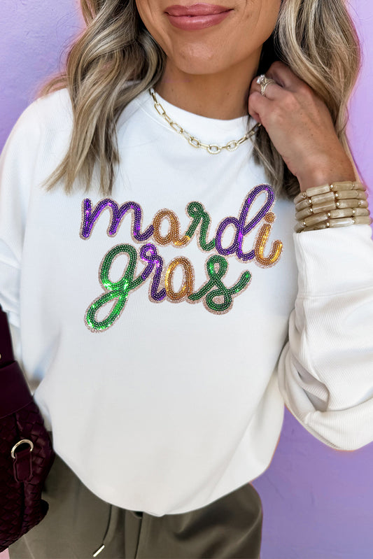 White Sequined Mardi Gras Graphic Crew Neck Drop Shoulder Sweatshirt