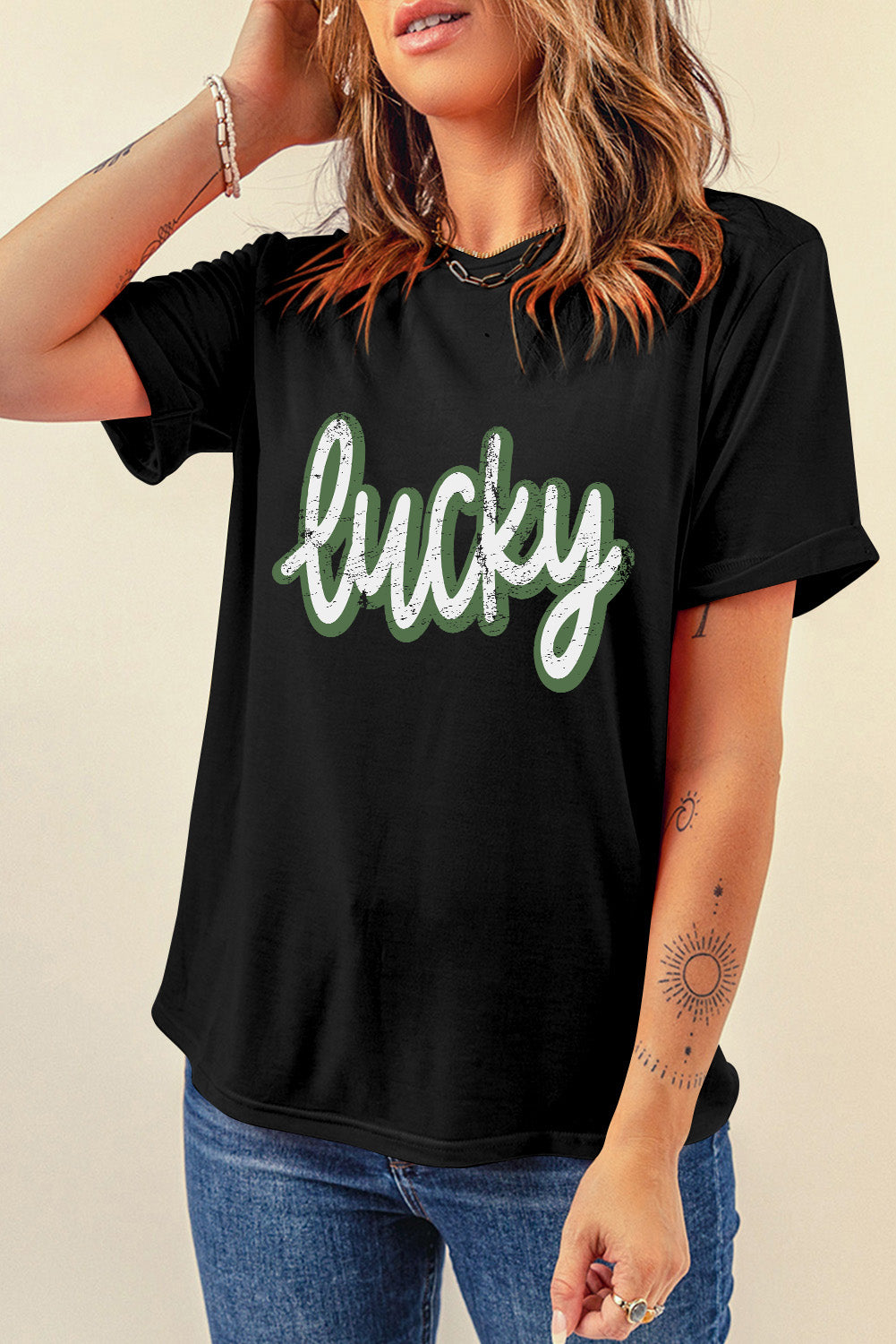 Black St Patrick's Day lucky Cracked Letter Graphic T Shirt