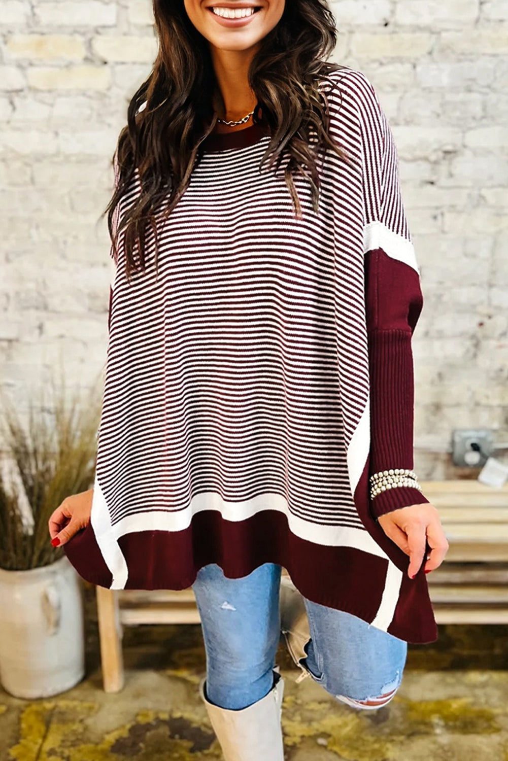 Stripe Colorblock Patchwork Dolman Sleeve Sweater