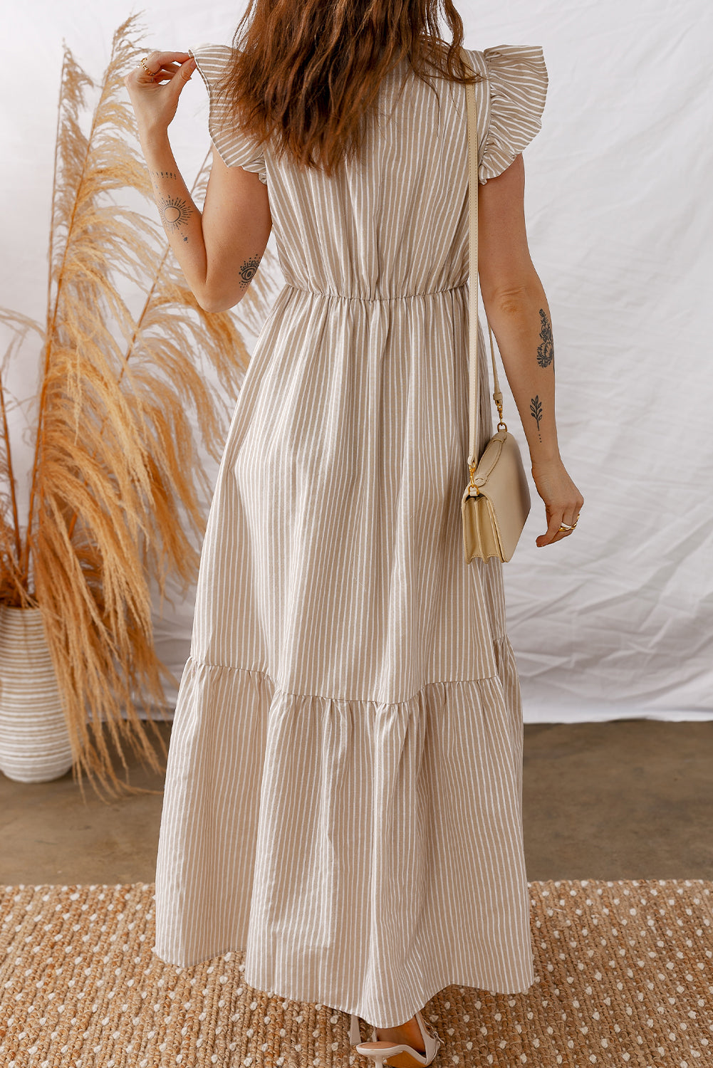 Stripe Flutter Sleeve Buttoned V-Neck Maxi Dress