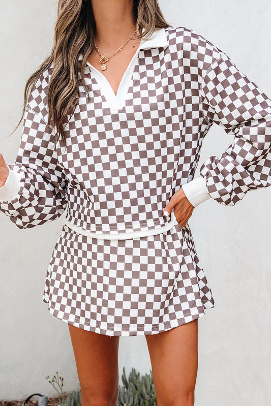 Checker Long Sleeve Top and Drawstring Mini Skirt Set