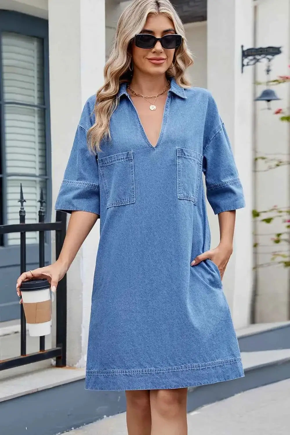 Johnny Collar Denim Dress - Half Sleeve Design