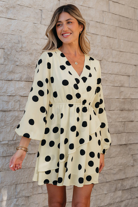 Polka Dot Surplice V-Neck Puff Sleeve Mini Dress