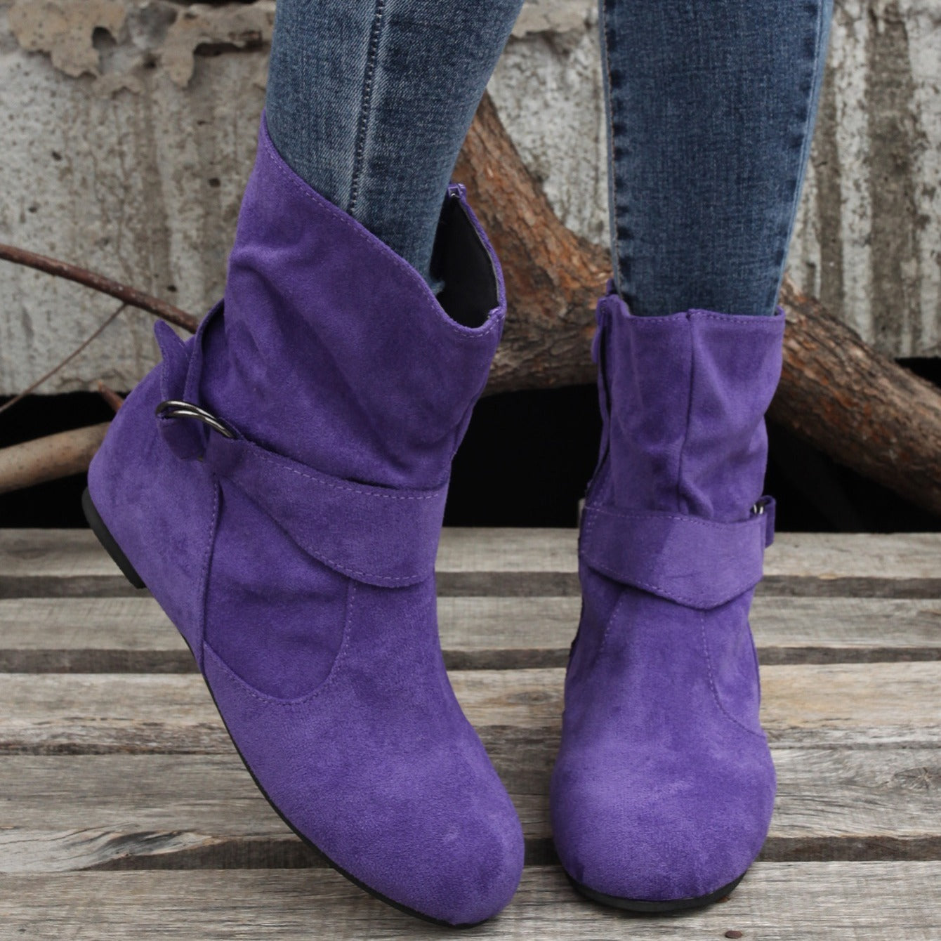 Ankle Boots Round Toe Buckle Belt Side Zipper Boots