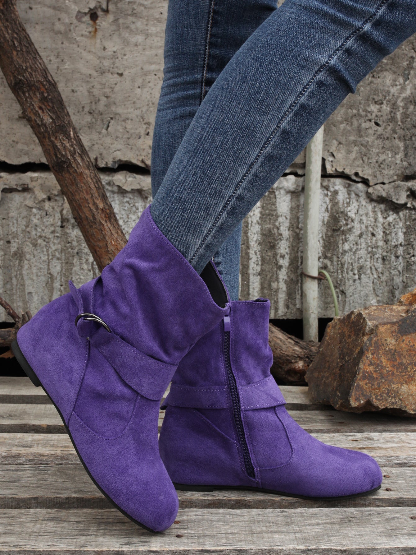 Ankle Boots Round Toe Buckle Belt Side Zipper Boots