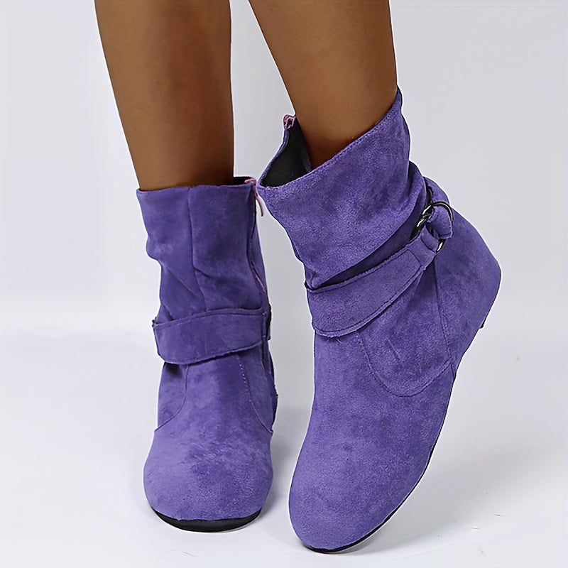Ankle Boots Round Toe Buckle Belt Side Zipper Boots