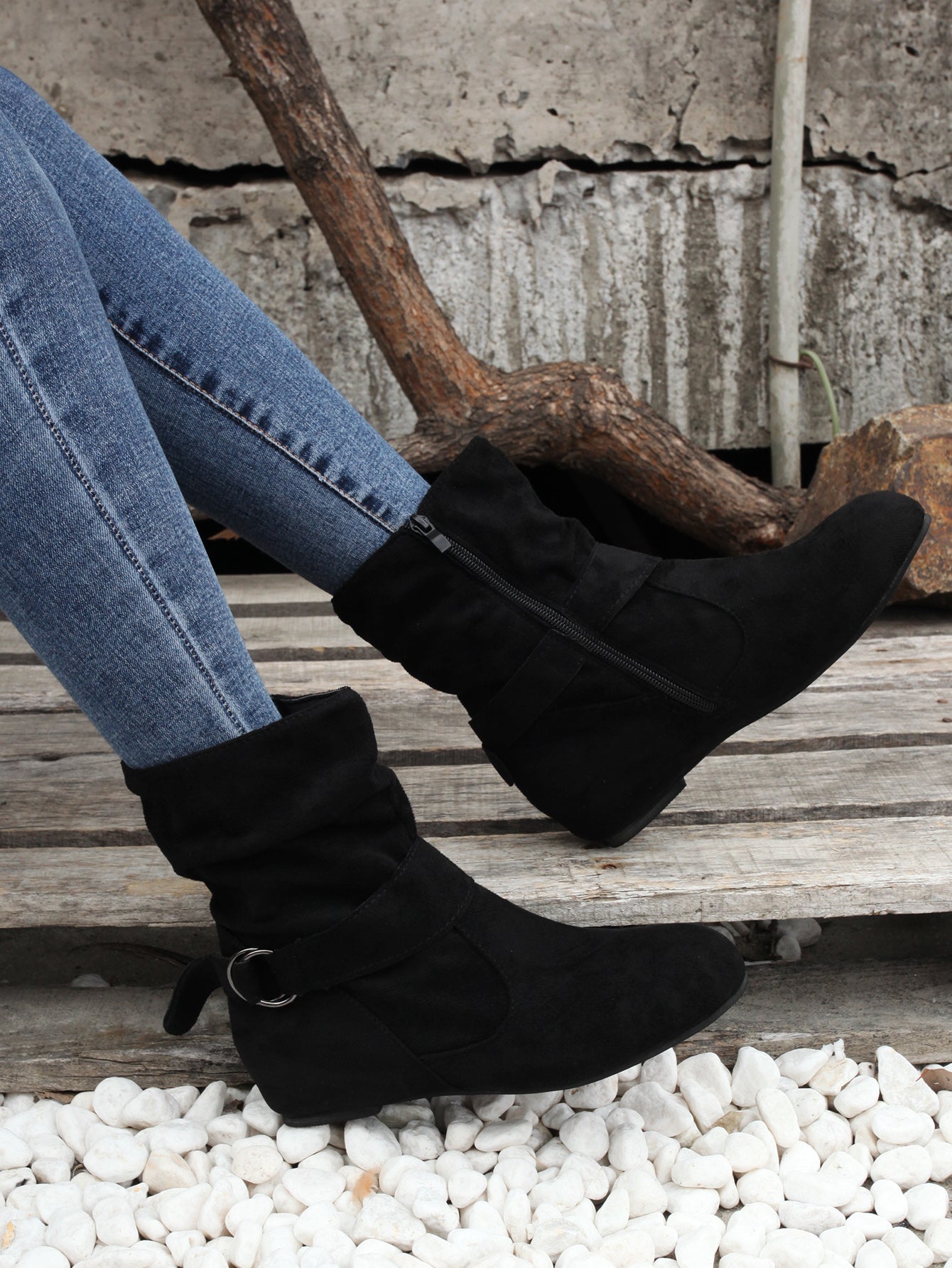 Ankle Boots Round Toe Buckle Belt Side Zipper Boots