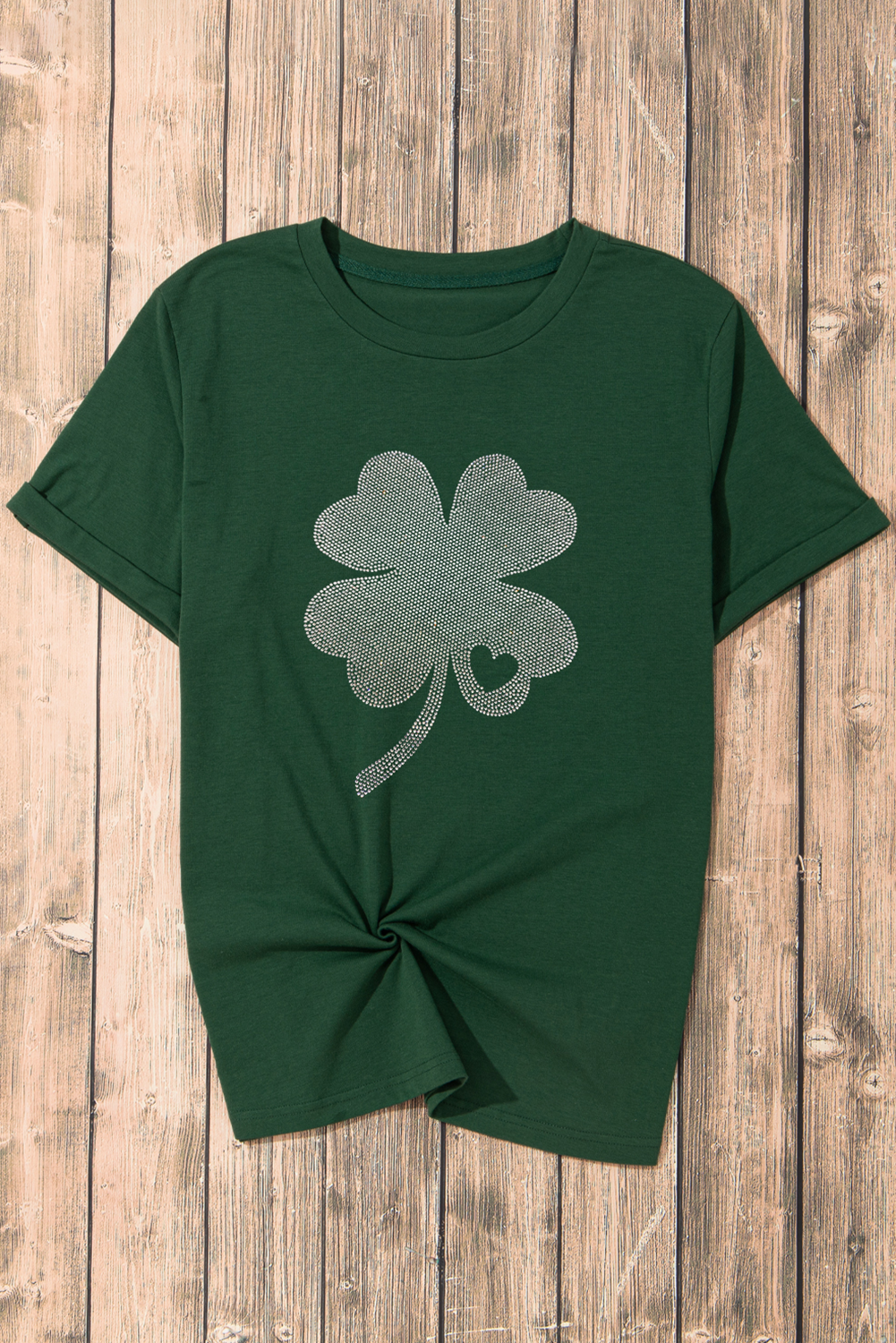 Green Rhinestone Four Leaf Clover Graphic St Patrick Crewneck Tee