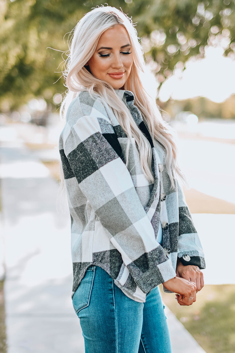Plaid Button-Up Long Sleeve Pocketed Shacket