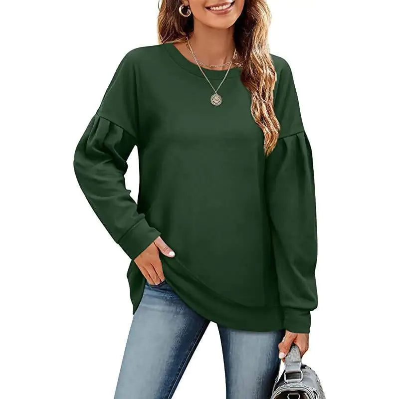 Solid Color Women's Sweatshirt with Round Neck Design