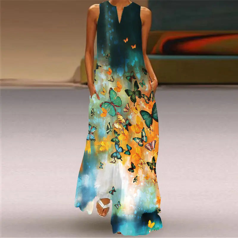 Summer Vintage Print Maxi Dress with V-Neck