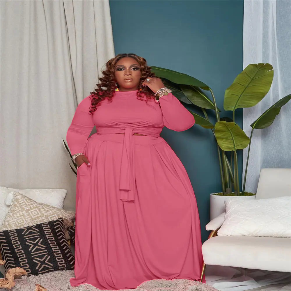 Plus Size Women's Sexy Two-Piece Skirt Set with Long Sleeves