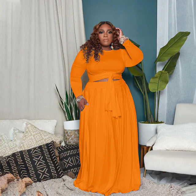 Plus Size Women's Sexy Two-Piece Skirt Set with Long Sleeves