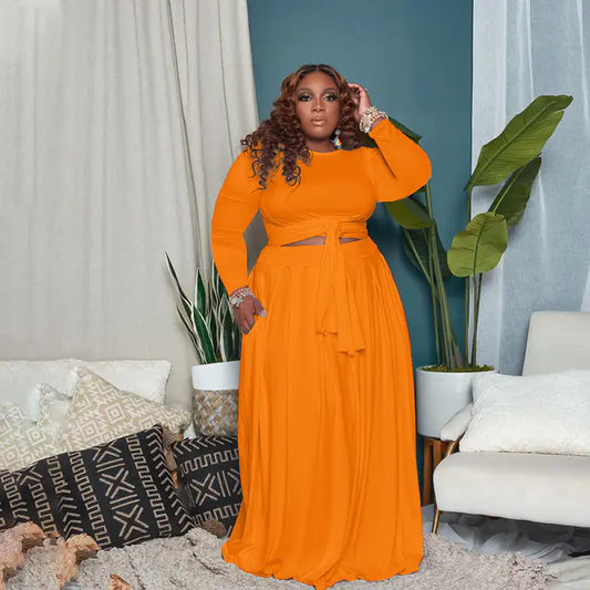 Plus Size Women's Sexy Two-Piece Skirt Set with Long Sleeves