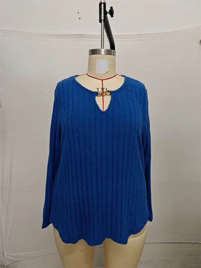 Plus Size Solid V-neck Chain Loose Long Sleeved Rib-knit Light Sweater